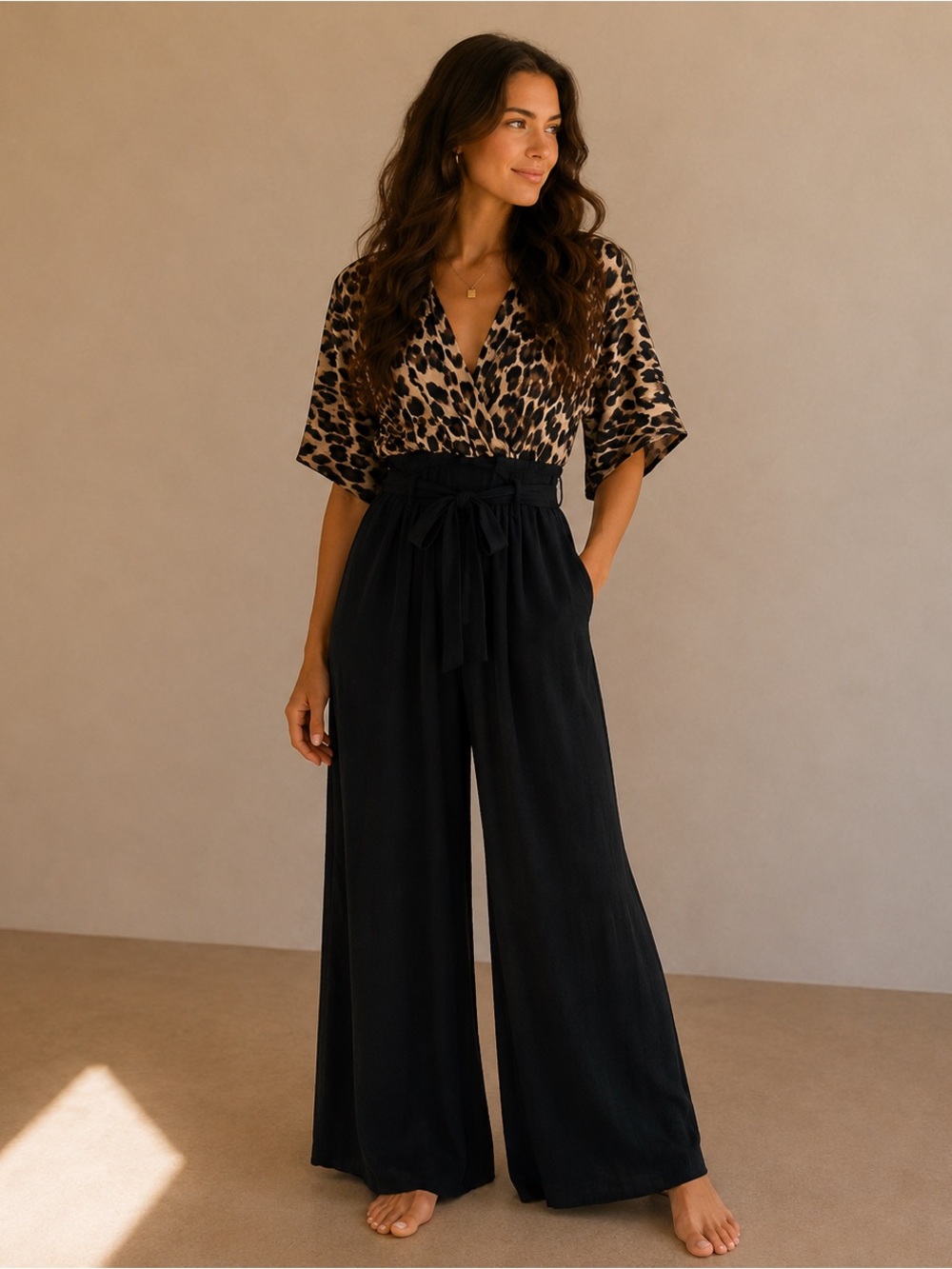 Dress Day Leopard Dolman V-Neck Wide Leg Jumpsuit Size S Y2K Going Out Party